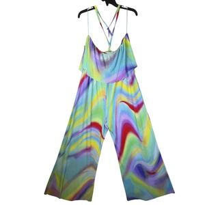Intempo Jumpsuit Womens XL Multicolor Psychedelic Pleated Halter Wide Leg IN4018